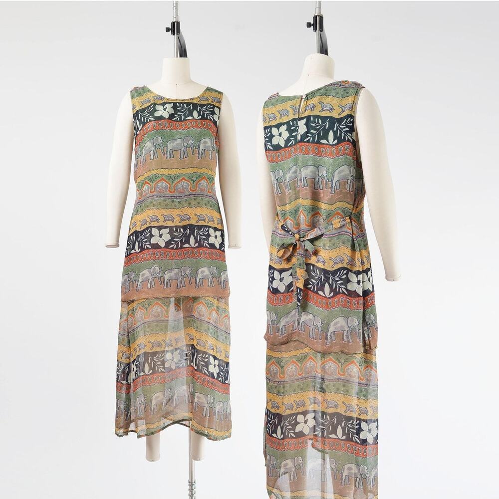 Vintage 90s Sheer Striped Elephant Turtle Floral Print Bohemian Maxi Dress M